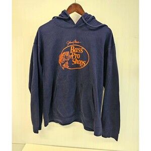 Bass Pro Shops Johnny Morris Mens L Blue Fleece Pullover Hoodie Orange Logo